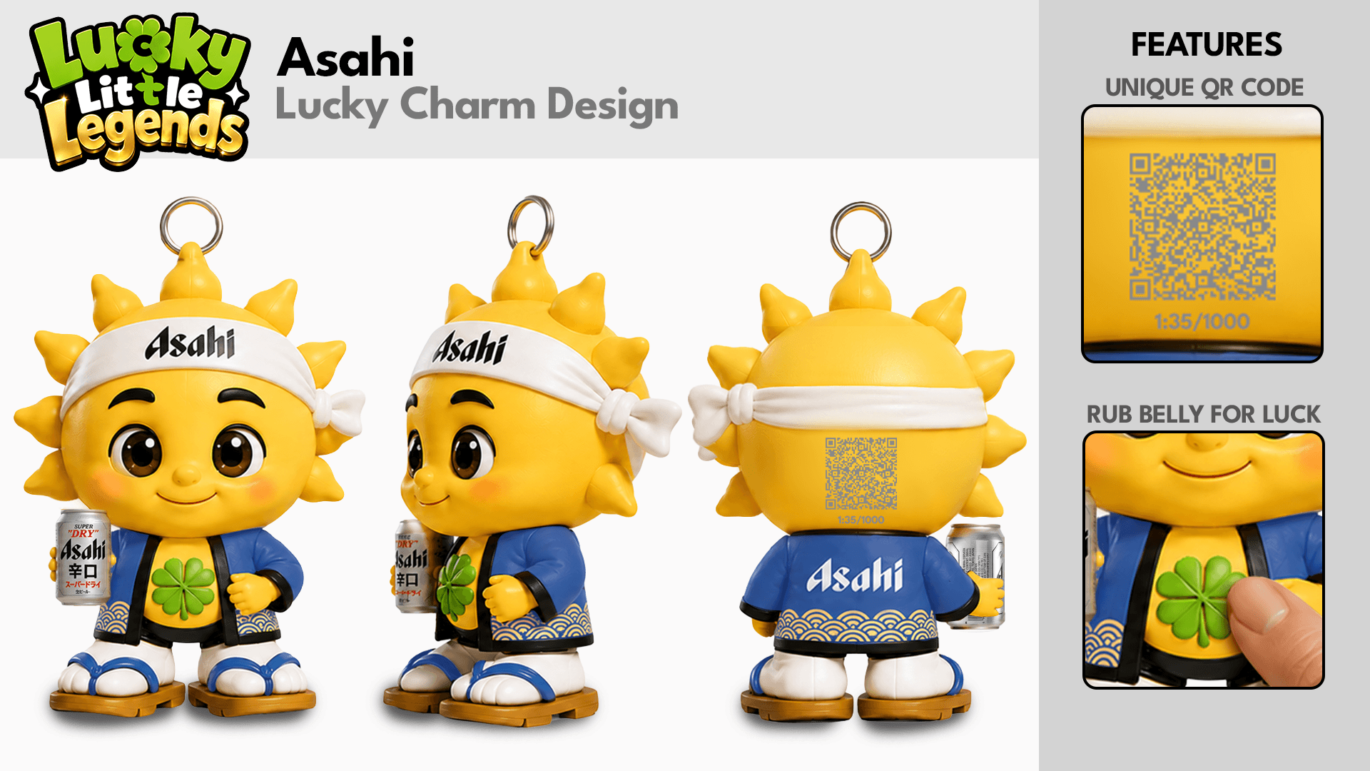 Asahi Lucky Little Legends charm concept shown from the front, side and back