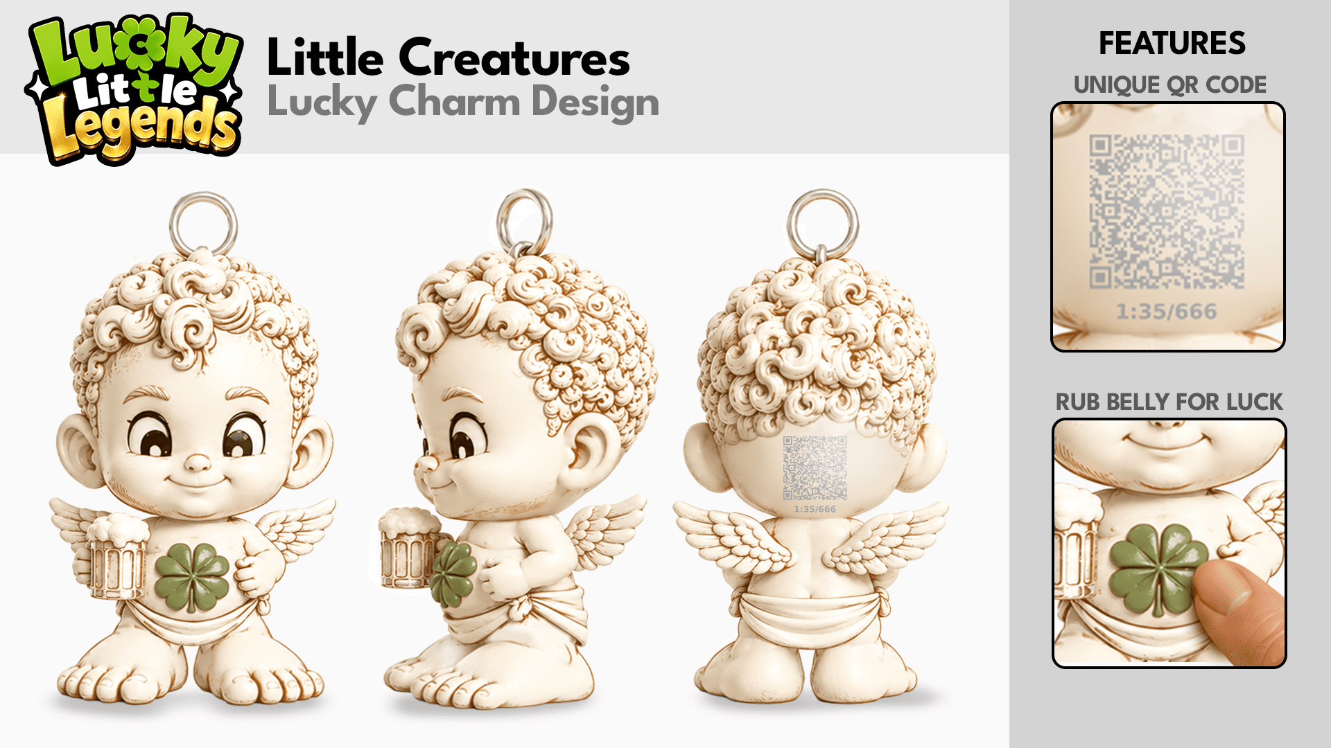 Little Creatures cherub charm concept shown from the front, side and back
