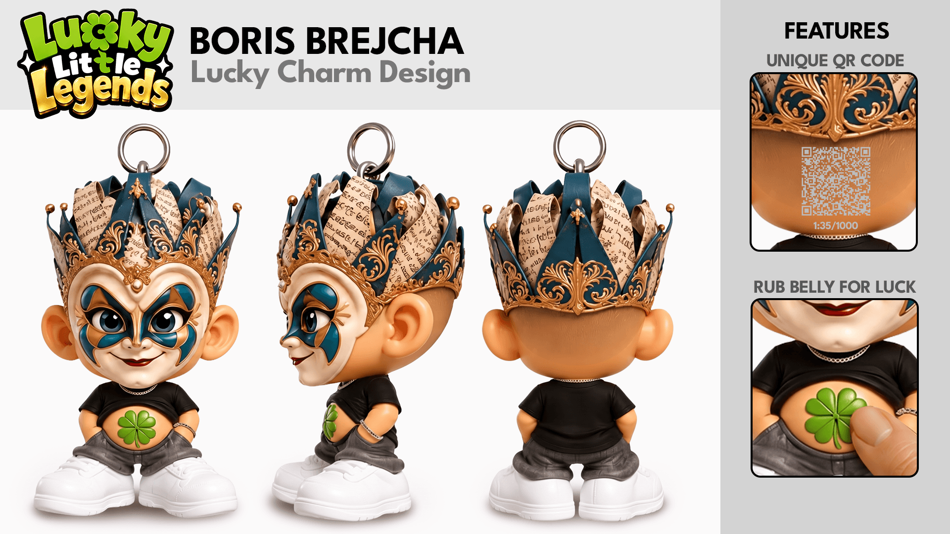 Boris Brejcha Lucky Little Legends charm concept shown from the front, side and back