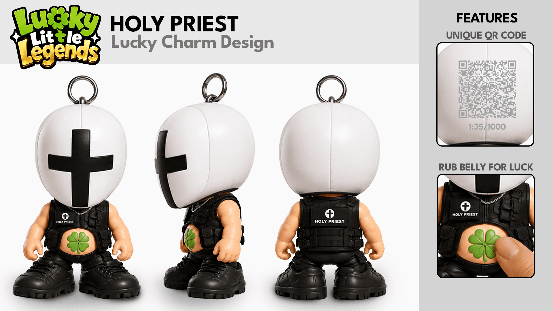Holy Priest Lucky Little Legends charm concept shown from the front, side and back