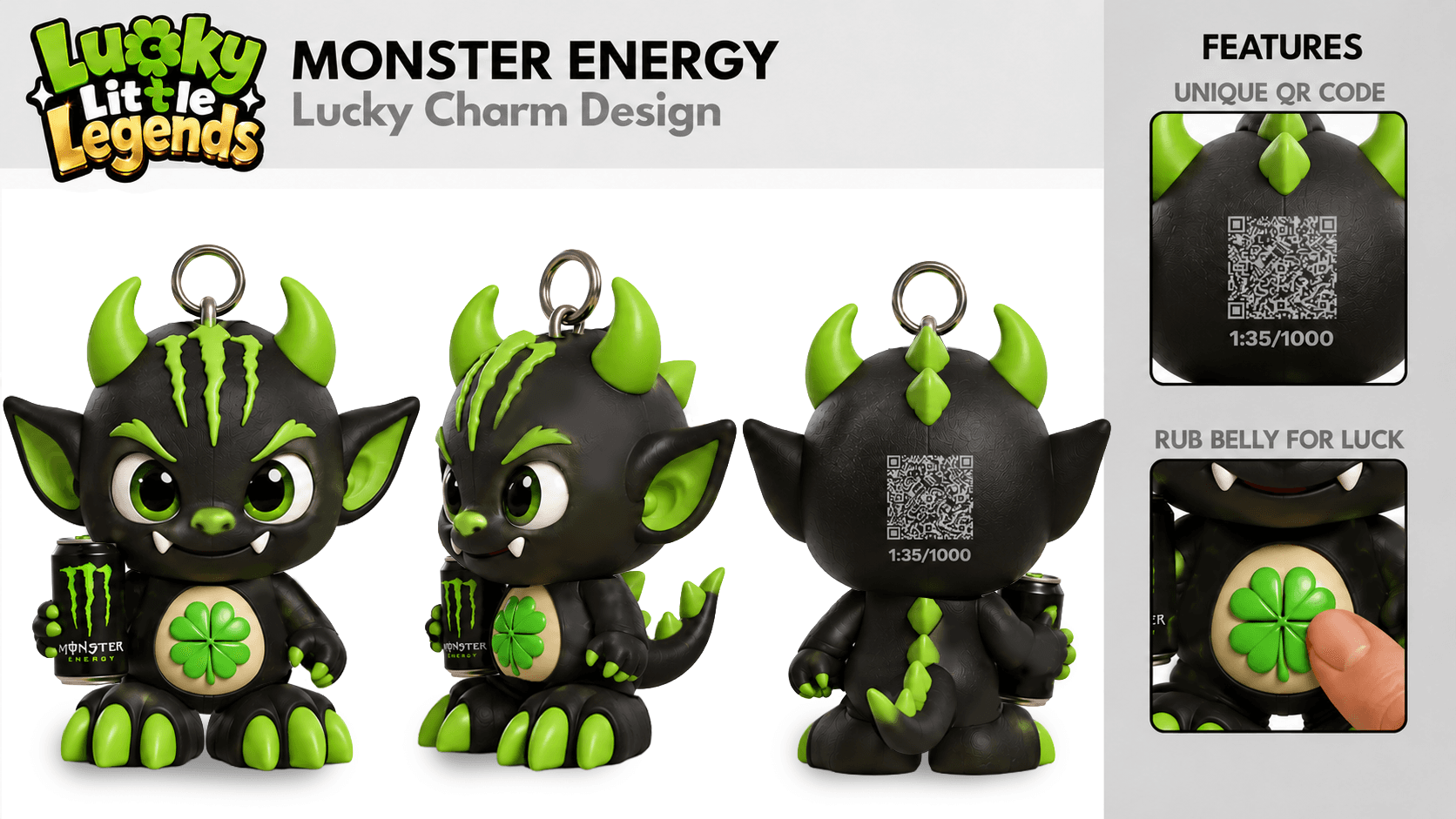 Monster Energy Lucky Little Legends charm concept shown from the front, side and back