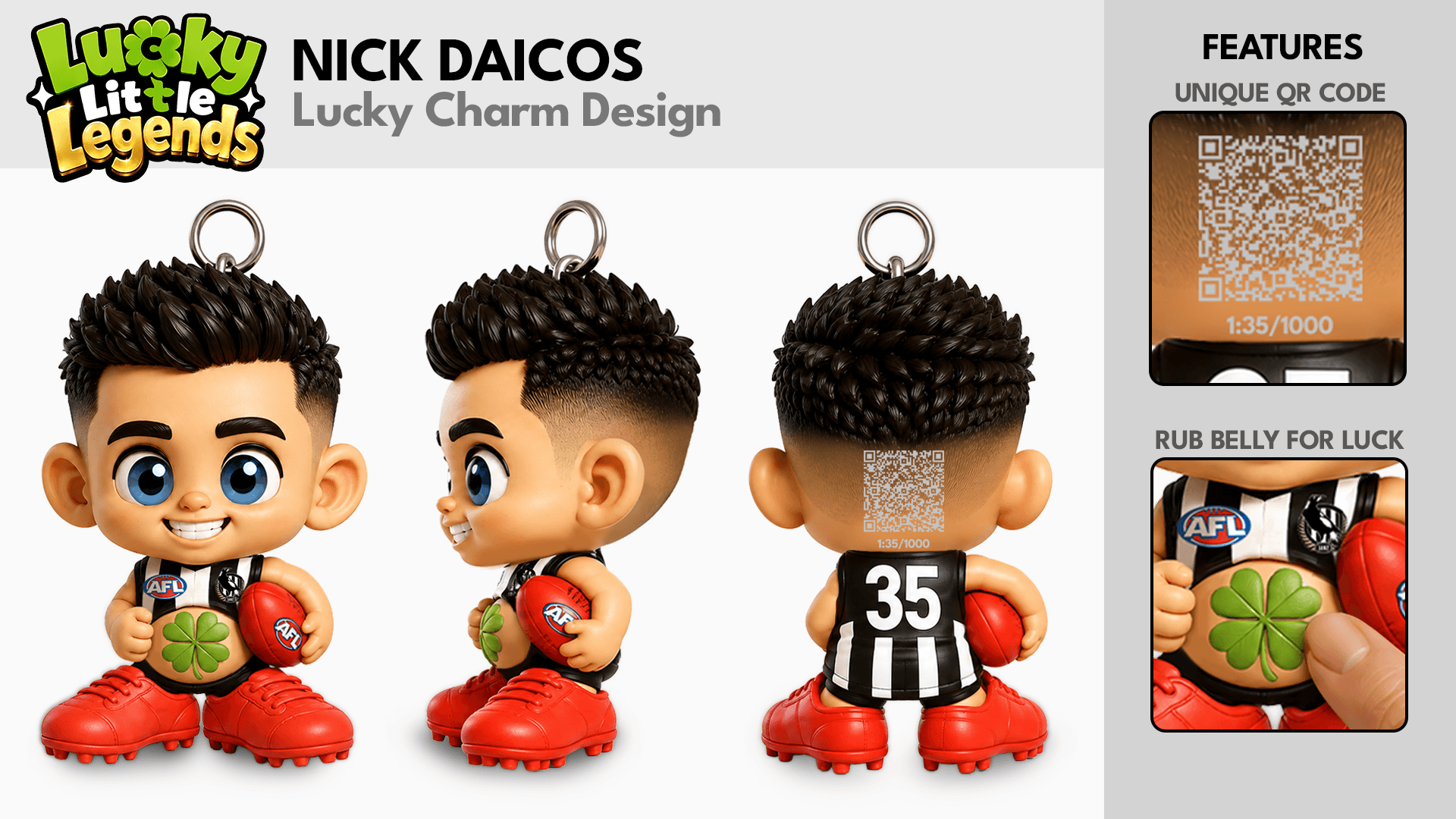 Nick Daicos Lucky Little Legends charm concept shown from the front, side and back